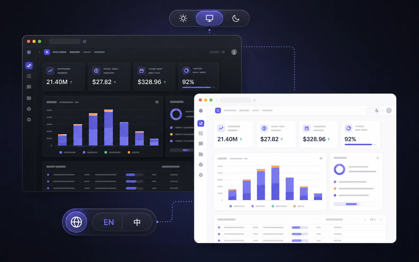 Generated bilingual and theme-switching visual with dark and light dashboard panels.