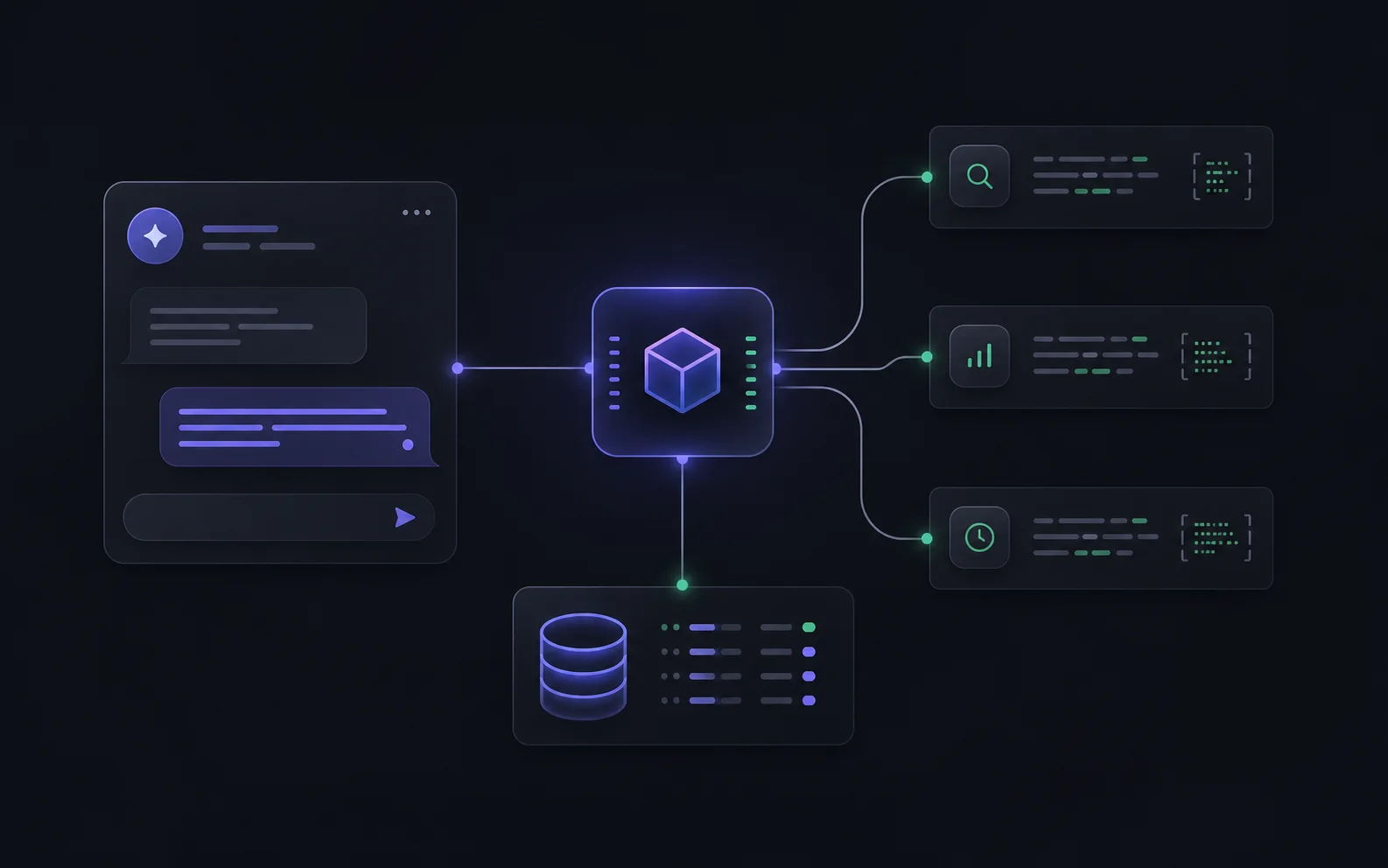 Generated MCP integration visual with a local server node connected to structured usage tools.