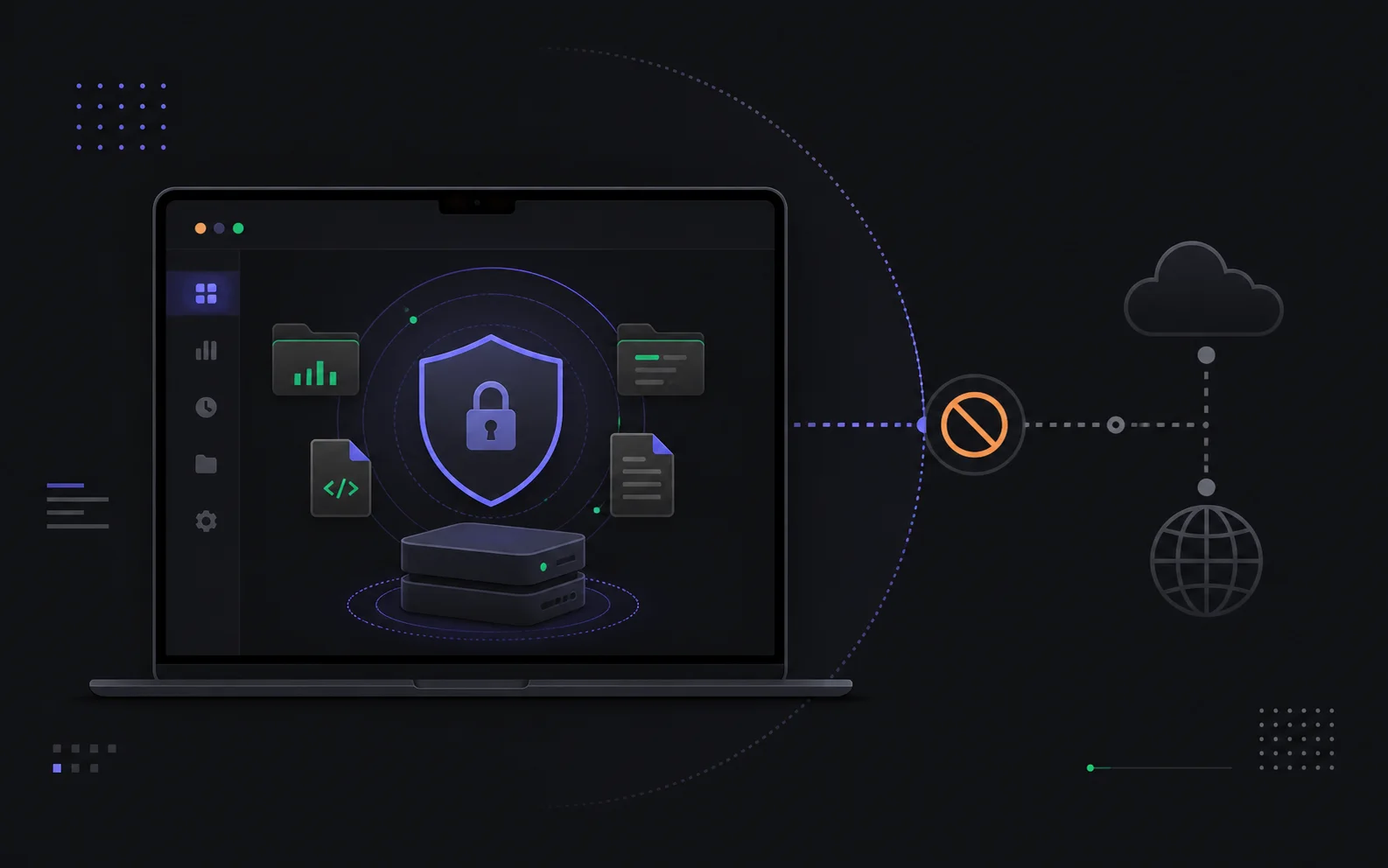 Generated local privacy visual with a shield, locked files, and a blocked outbound network path.