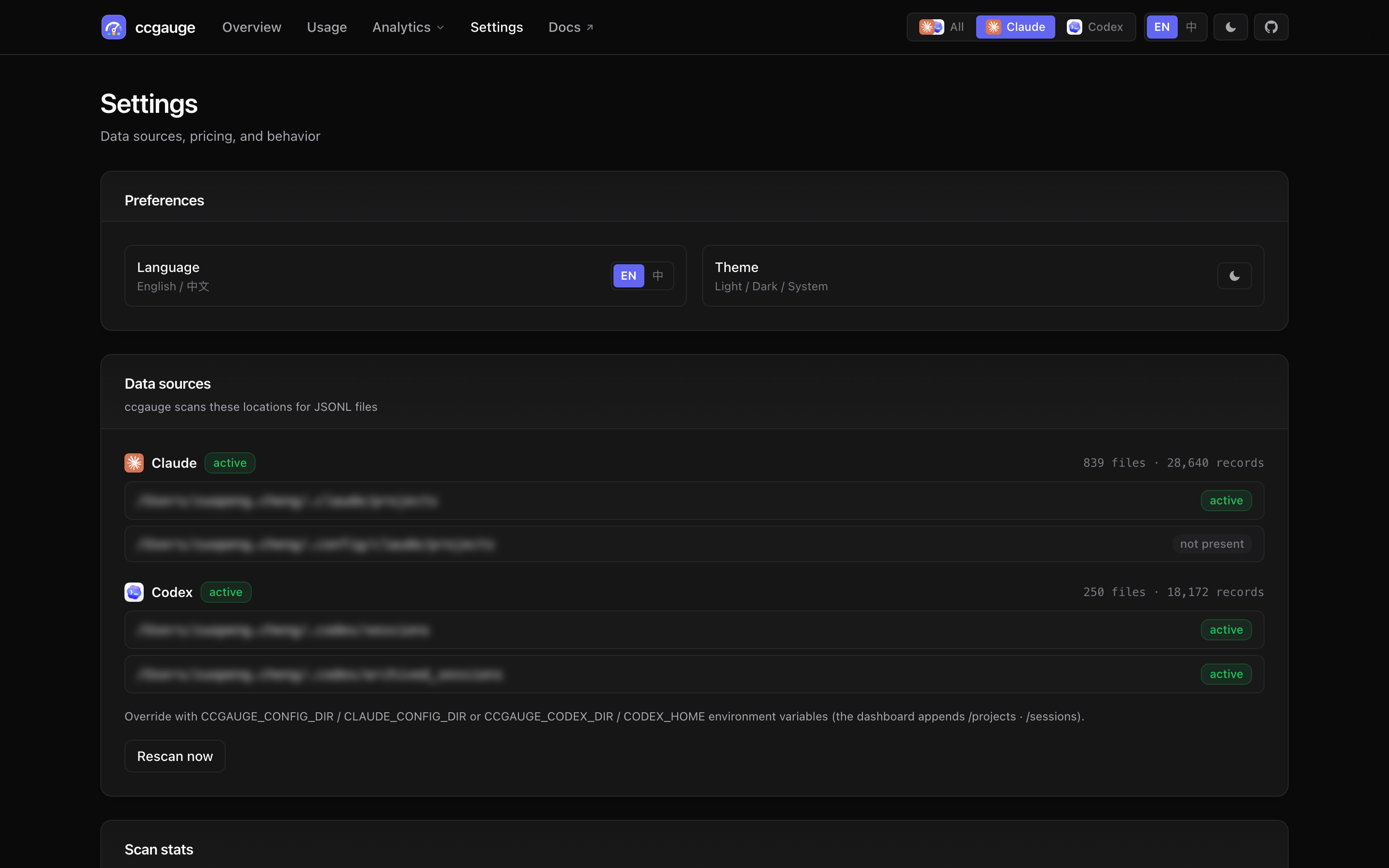 ccgauge settings page screenshot, showing preferences and detected data sources.