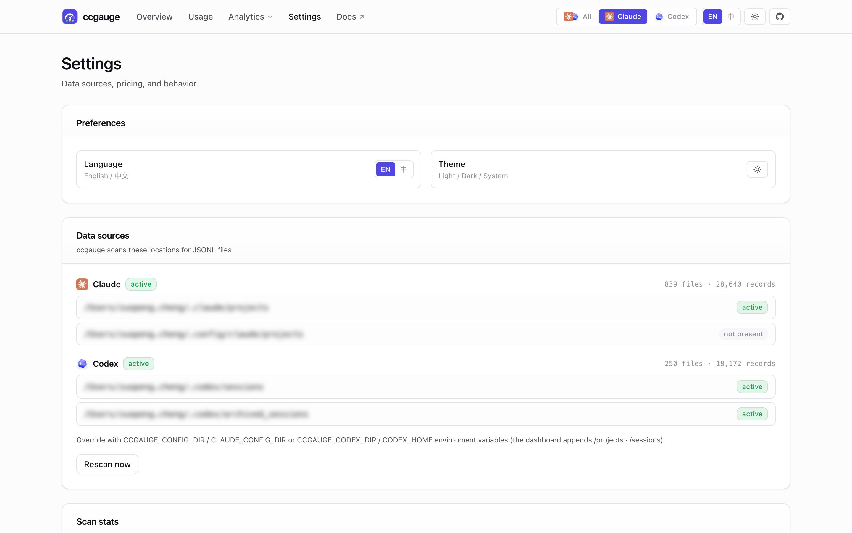 ccgauge settings page screenshot, showing preferences and detected data sources.